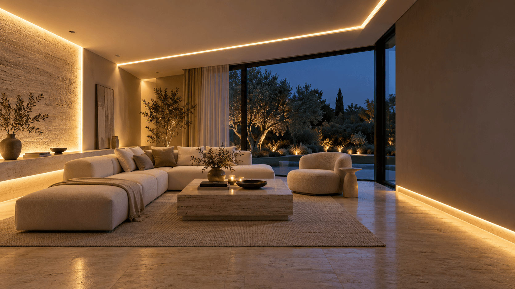 Contemporary living room illustrating recessed ceiling, illuminated wall shadow-gap and skirting lighting